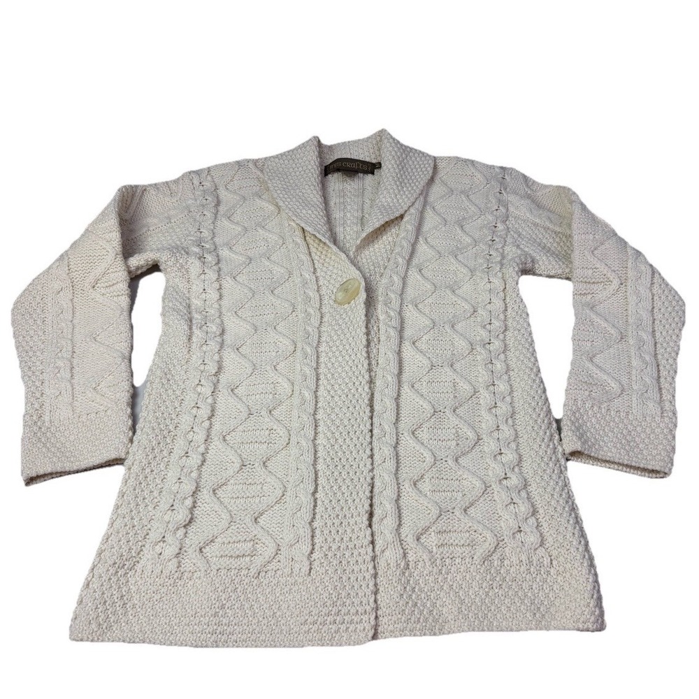 INIS CRAFTS 100% MERINO WOOL HANDKNIT FISHERMEN‎ CABLE KNIT CARDIGAN WOMENS M 3h